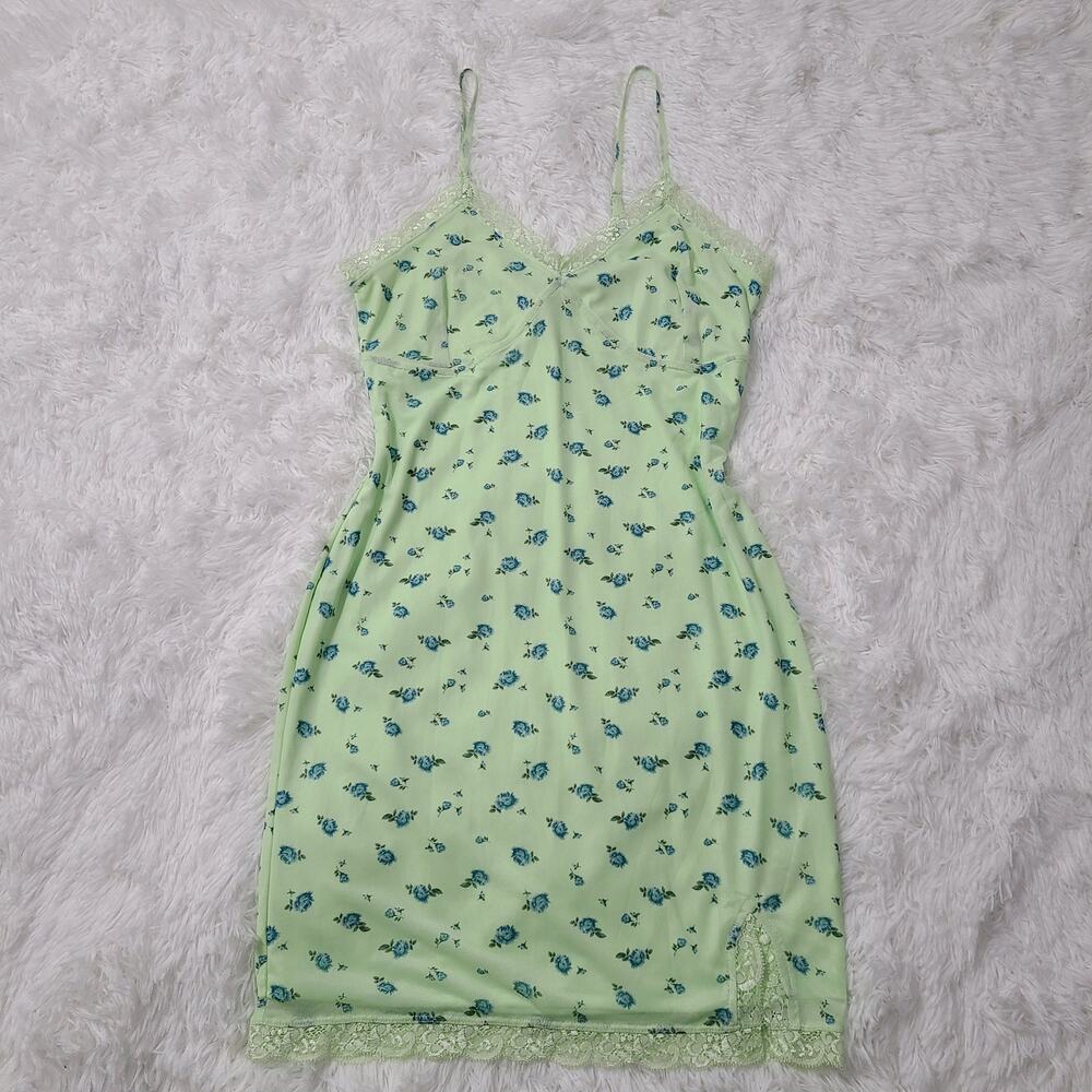 Wild Fable Women Sz M Lime Green Blue Floral Print Coquette Slip Dress Lace Trim